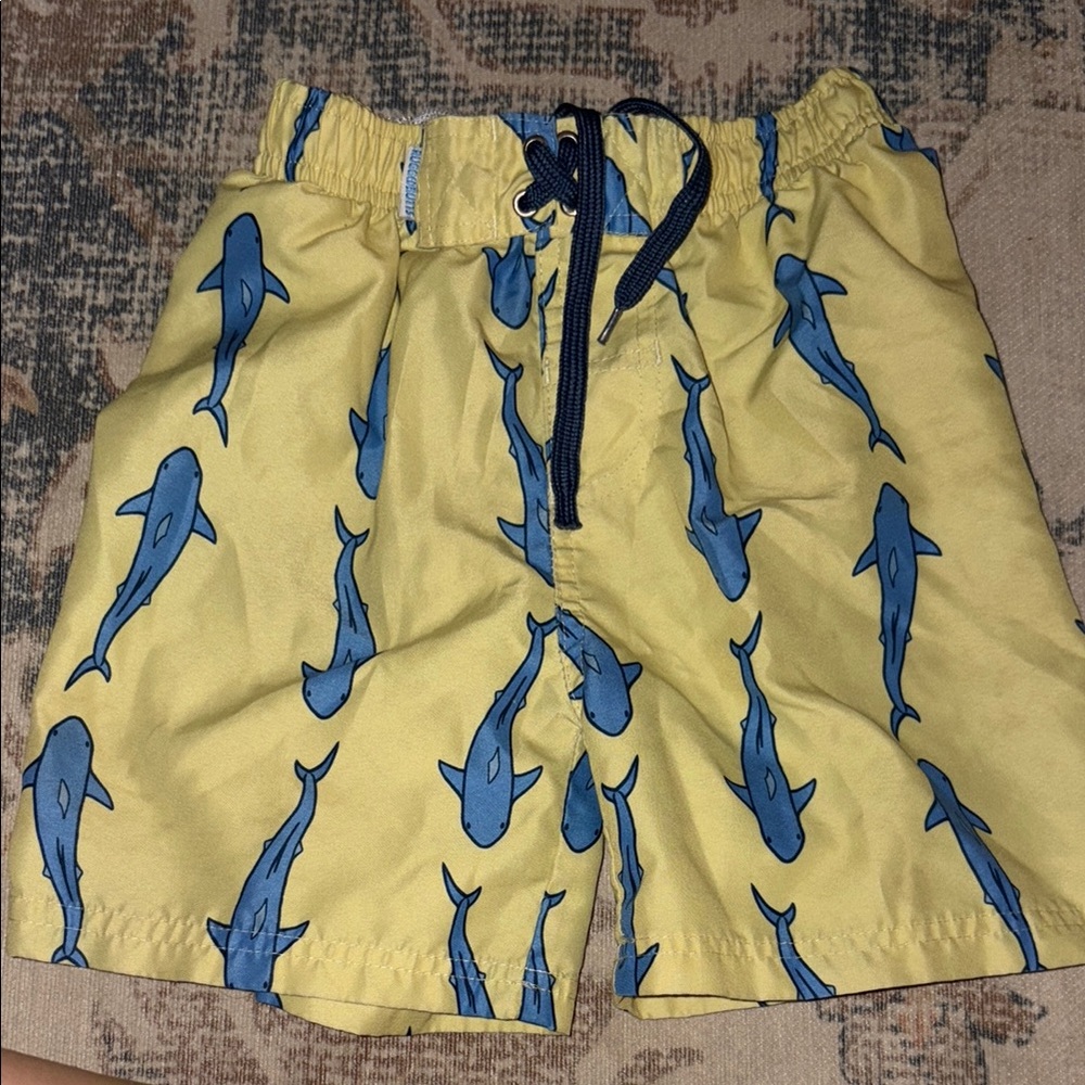 Yellow Shark Print Kids Swim Trunks
